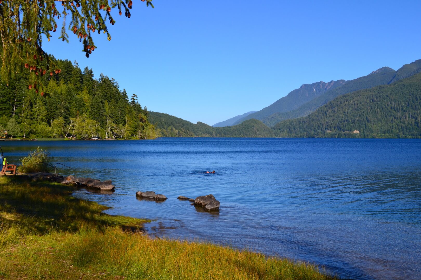 A deep blue mountain lake